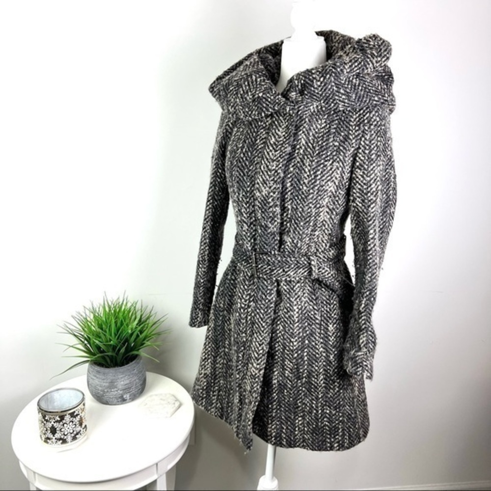 Zara Coat Womens Gray Black Herringbone Hooded Long Sleeve Belted Open front